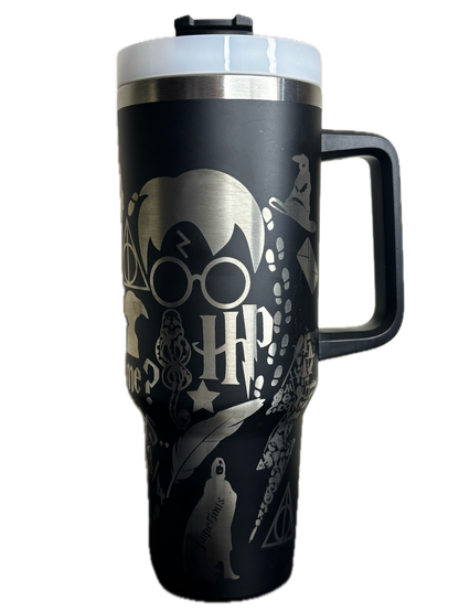 Black travel mug with silver HP logo and design