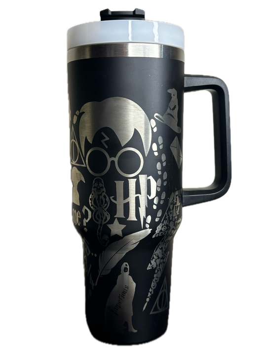 Black travel mug with silver HP logo and design