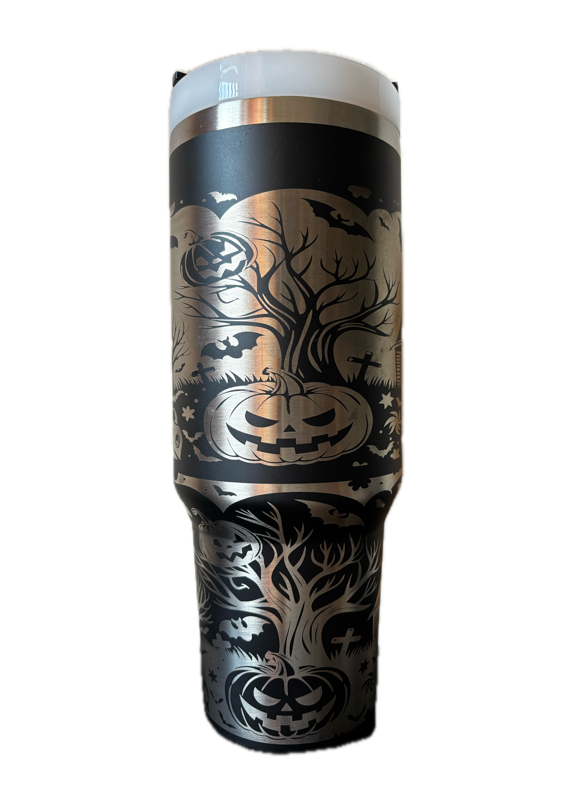 Black tumbler with Halloween-themed design